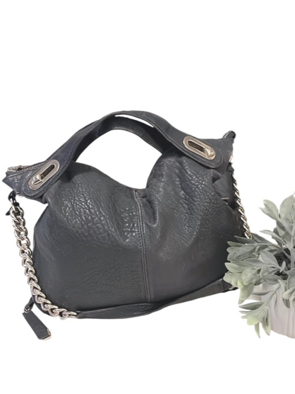 Vince Camuto Dark Gray Pebbled Leather Expandable Shoulder Satchel Clair Bag
